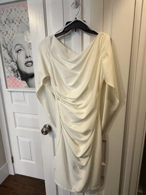 Elegant Cream Draped Long-Sleeve Women's Dress